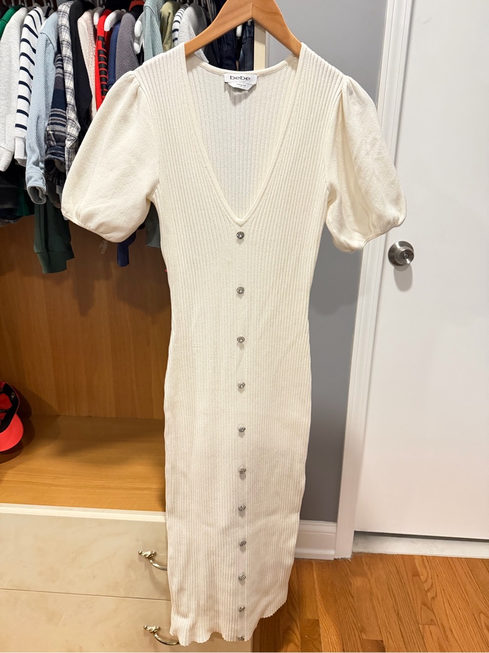 bebe Ivory Button-Front Puff Sleeve Midi Sweater Dress